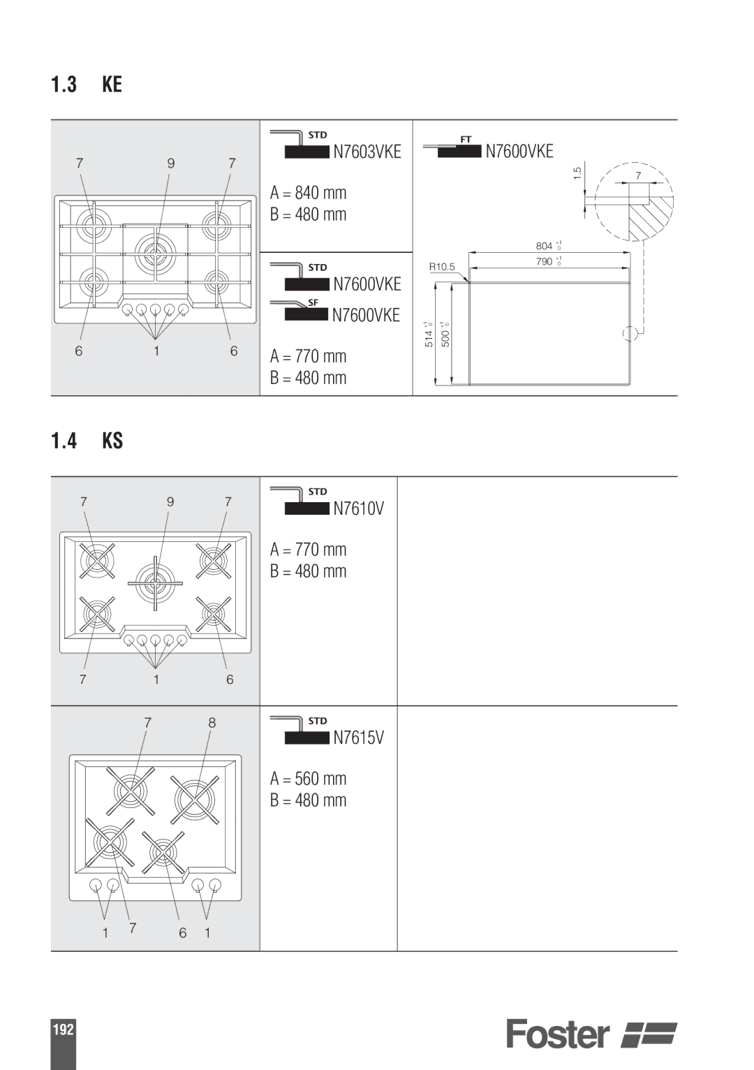 Foster 9606801 user manual = 840 mm = 480 mm, = 480 mm N7610V = 770 mm N7615V = 560 mm 