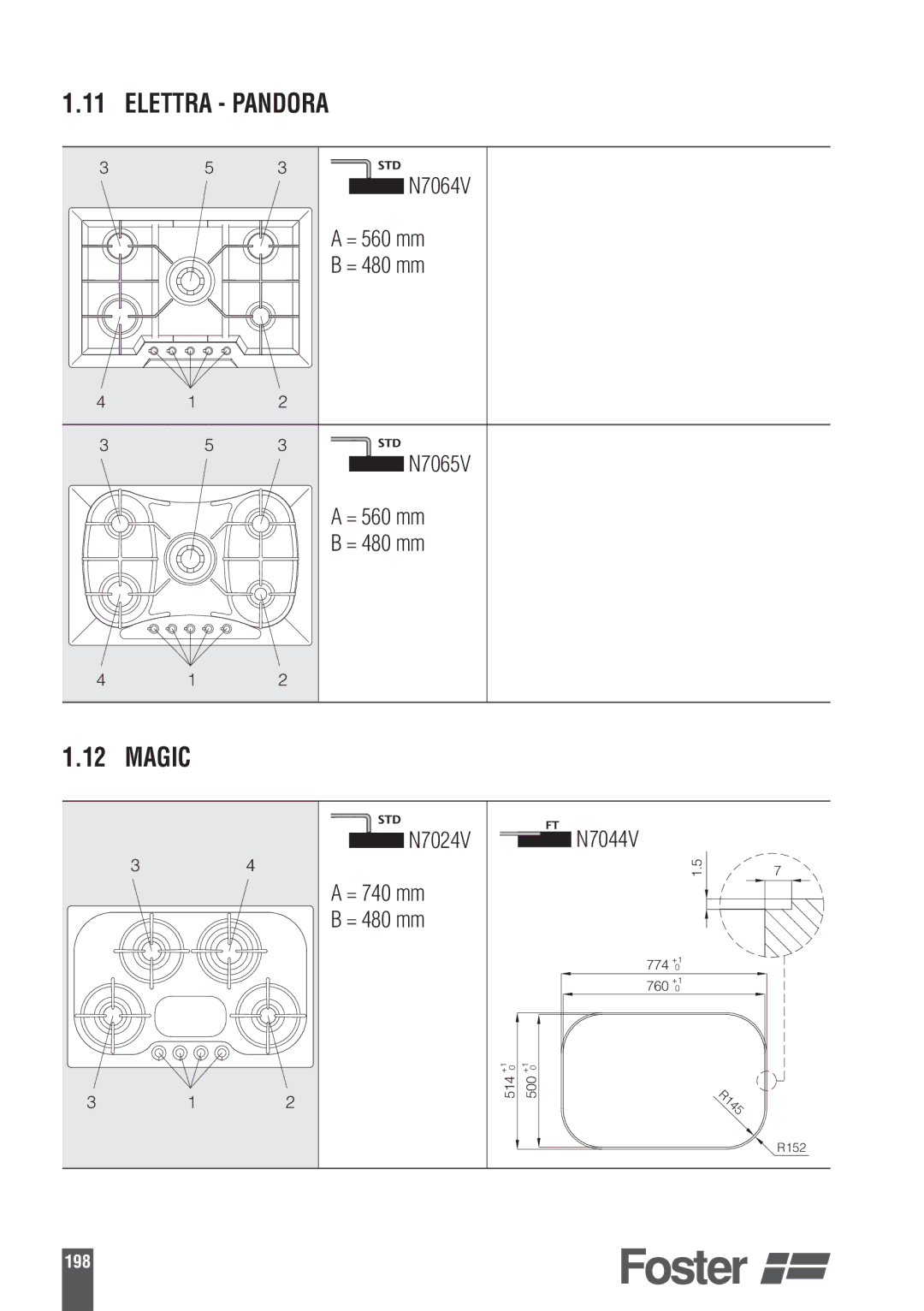 Foster 9606801 user manual Elettra Pandora, = 560 mm = 480 mm N7065V, N7024V N7044V = 740 mm = 480 mm 