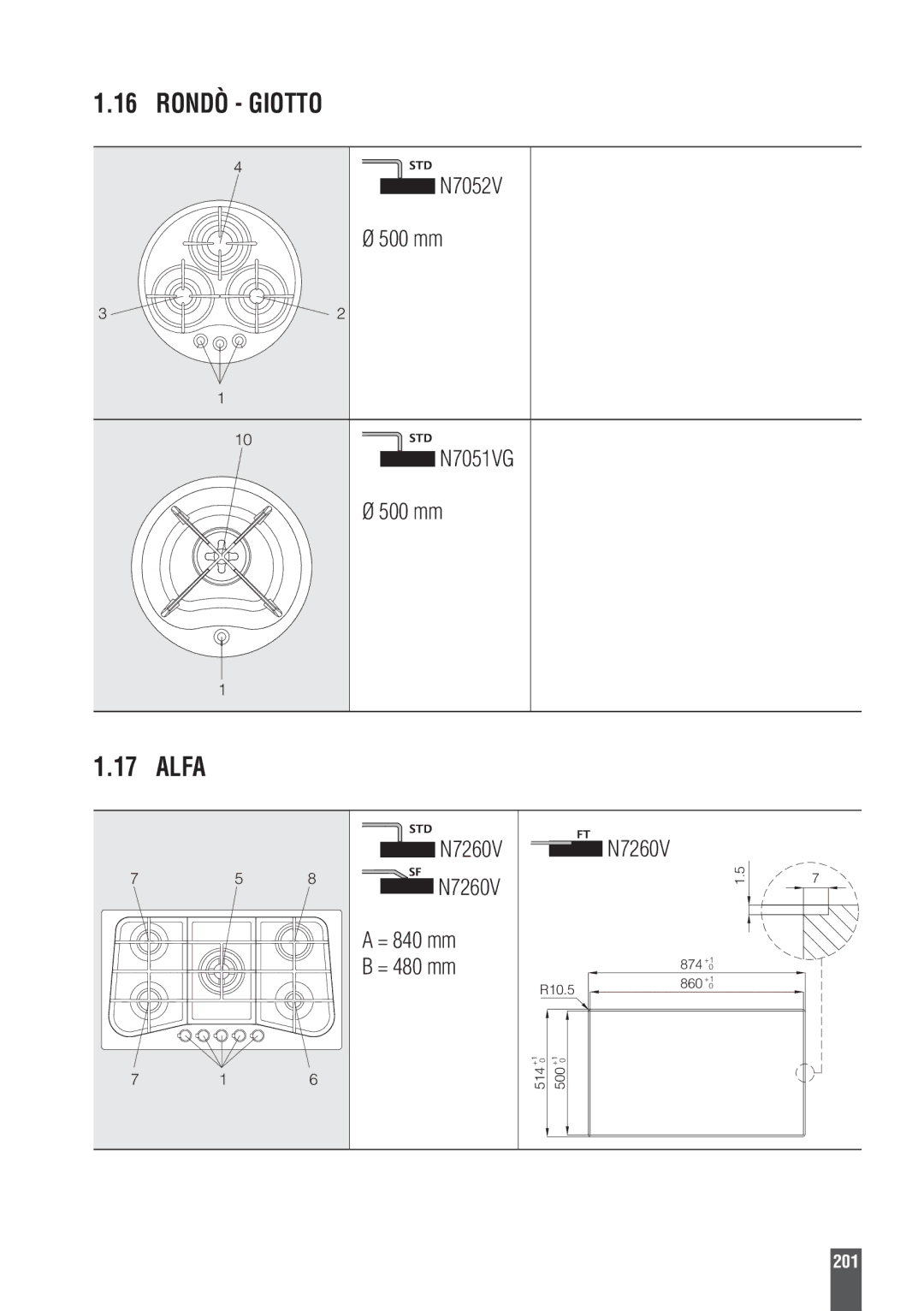 Foster 9606801 user manual Alfa, N7052V 500 mm N7051VG, N7260V = 840 mm = 480 mm 