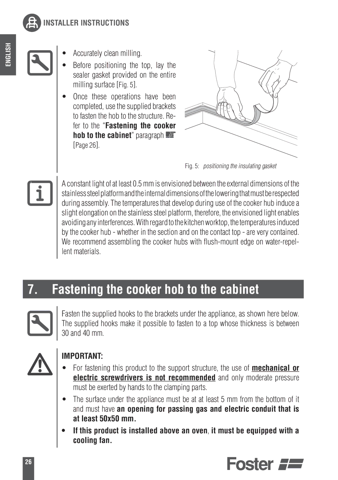 Foster 9606801 user manual Fastening the cooker hob to the cabinet, Accurately clean milling 