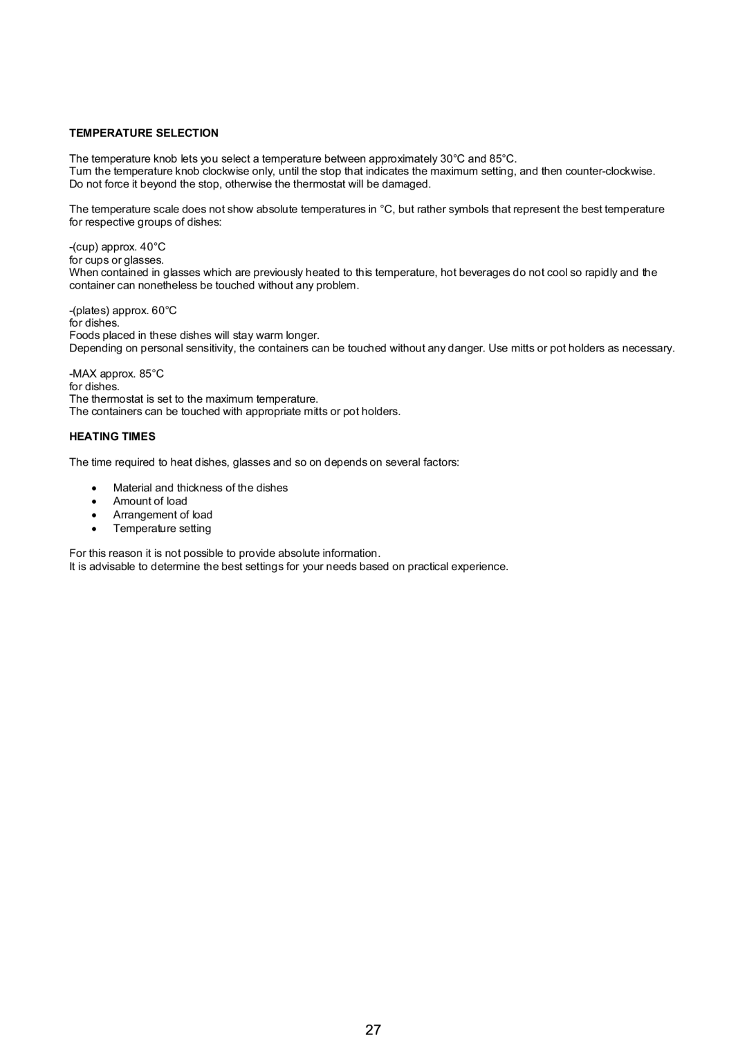 Foster cod.7138 000 user manual Temperature Selection, Heating Times 