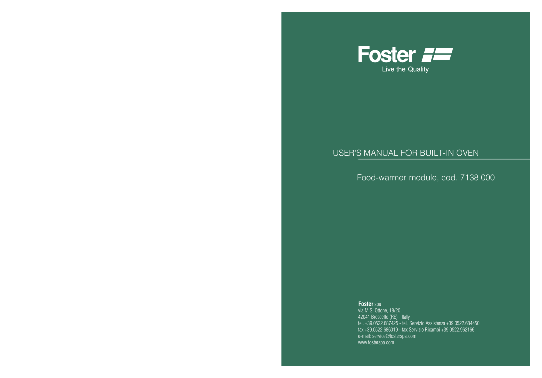 Foster cod.7138 000 user manual Users Manual For Built-Inoven, Food-warmermodule, cod, Foster spa 