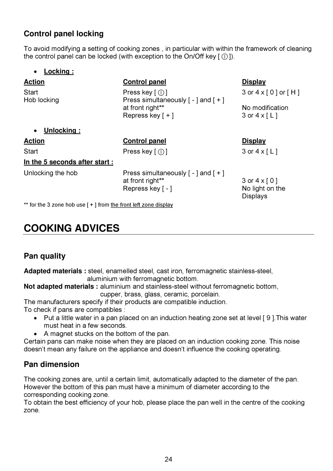 Foster e 7370 230, 7331 230 user manual Cooking Advices, Control panel locking, Pan quality, Pan dimension 