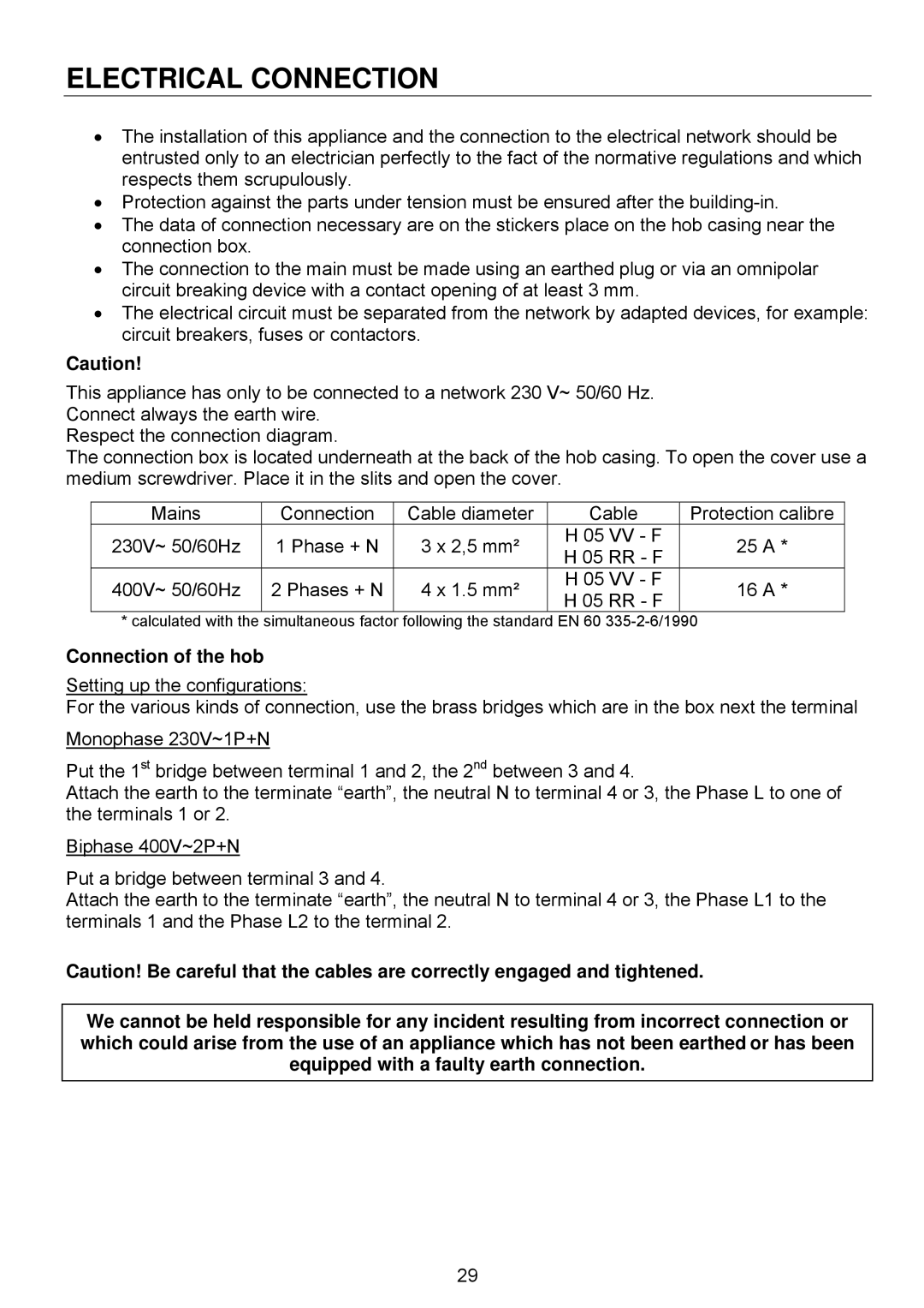 Foster 7331 230, e 7370 230 user manual Electrical Connection, Connection of the hob 