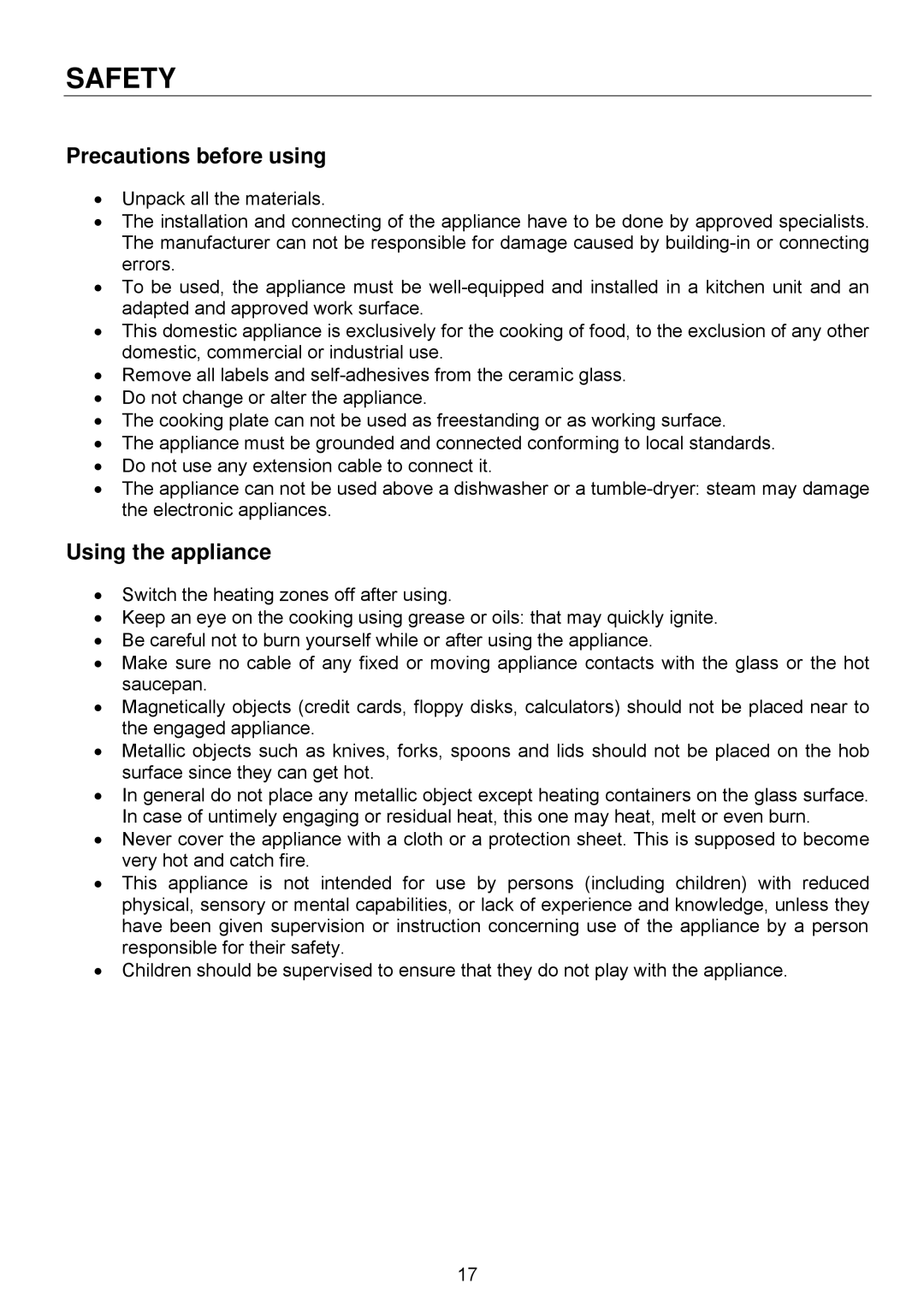 Foster 7331 230, e 7370 230 user manual Safety, Precautions before using, Using the appliance 