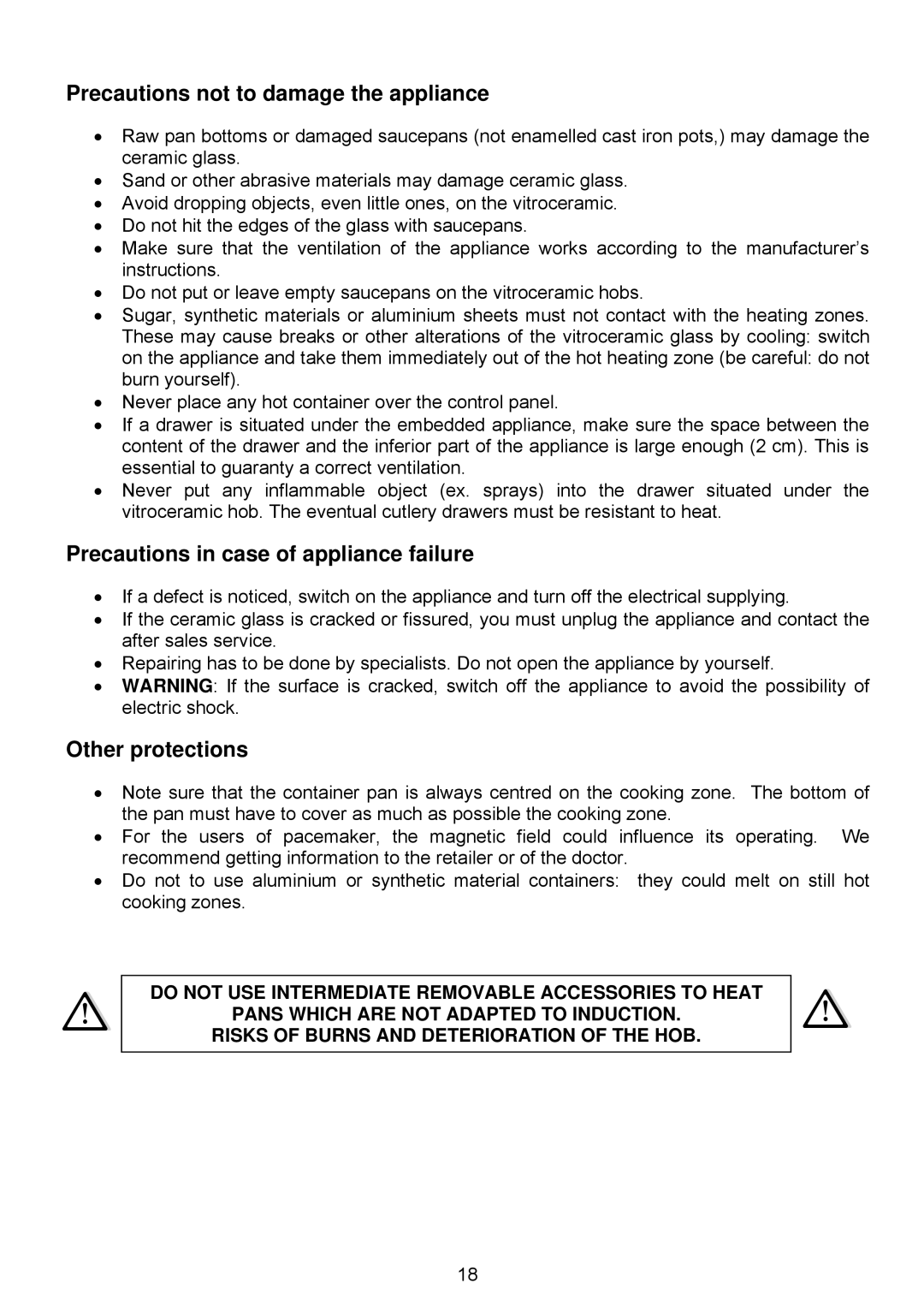 Foster e 7370 230 Precautions not to damage the appliance, Precautions in case of appliance failure, Other protections 