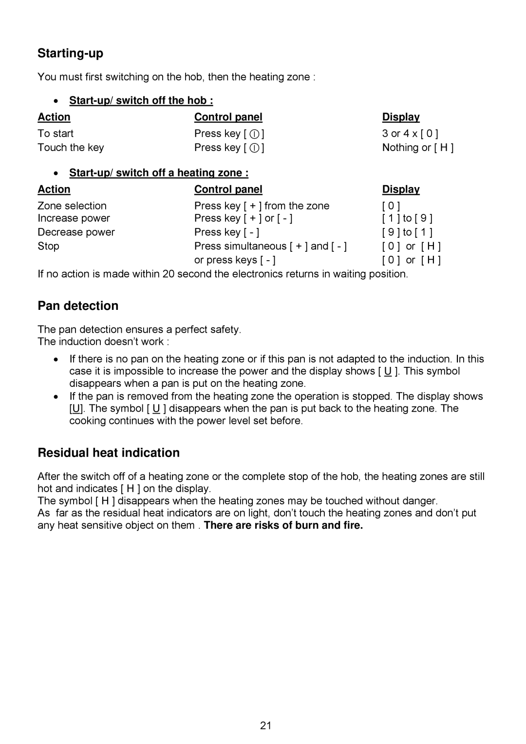 Foster 7331 230, e 7370 230 user manual Starting-up, Pan detection, Residual heat indication 