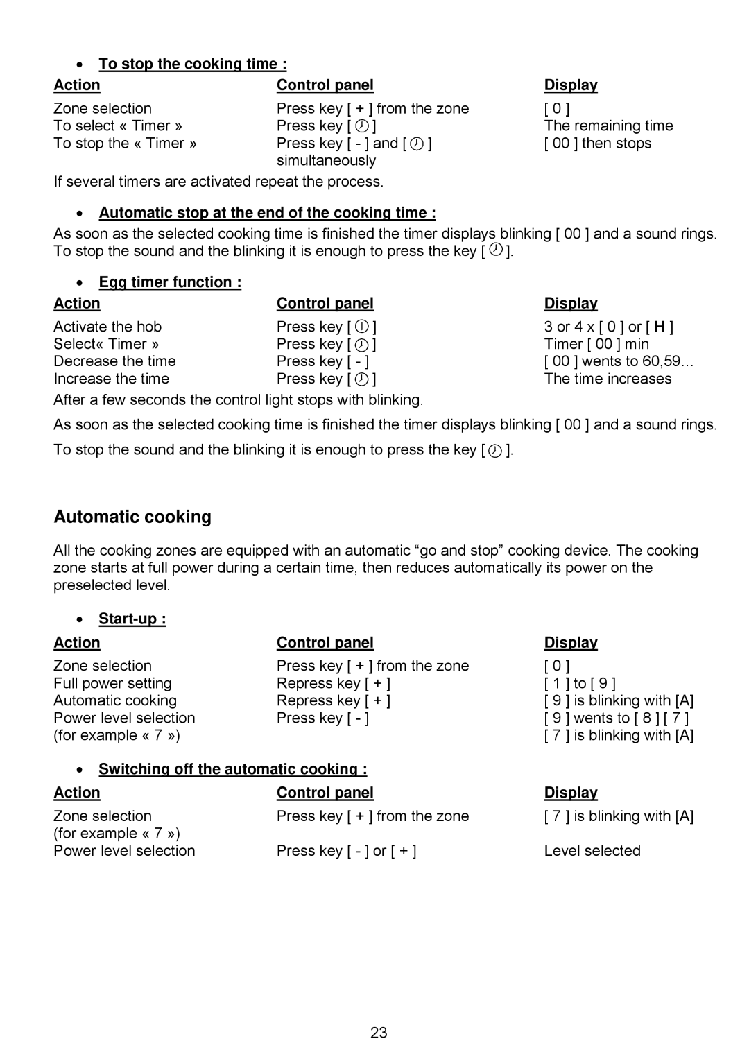 Foster 7331 230, e 7370 230 user manual Automatic cooking, ∙ To stop the cooking time Action Control panel Display 