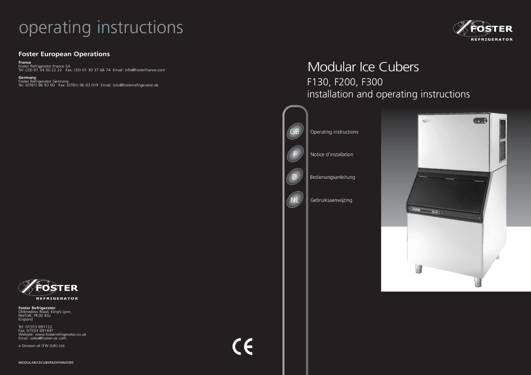 Foster F200, F300, F130 manual Operating instructions 