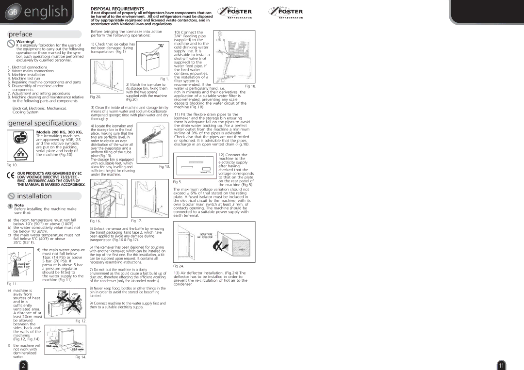 Foster F130, F300, F200 manual GB english, Preface, General specifications, Installation, Disposal Requirements 