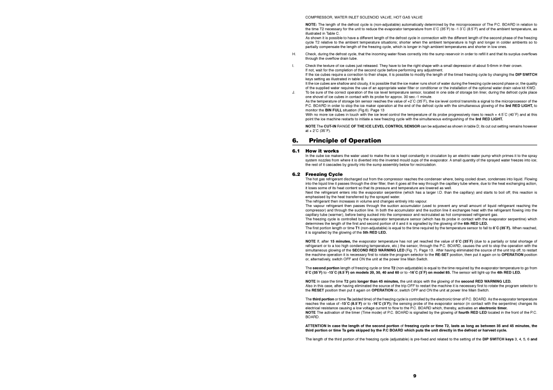 Foster F20 Principle of Operation, How it works, Freezing Cycle, COMPRESSOR, Water Inlet Solenoid VALVE, HOT GAS Valve 