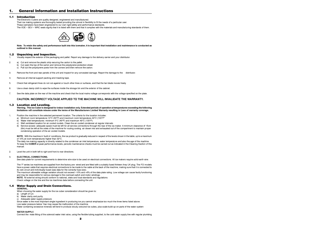 Foster F60, F85, F20, F40, FCI30 General Information and Installation Instructions, Electrical Connections, Water Supply 