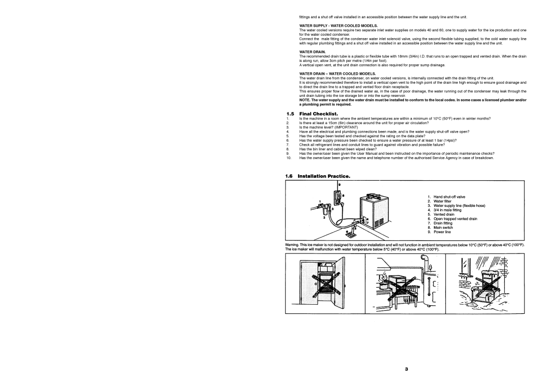 Foster FCI30, F85, F20, F40, F60, FCI85, FCI40, FCI60 Water Supply Water Cooled Models, Water Drain Water Cooled Models 