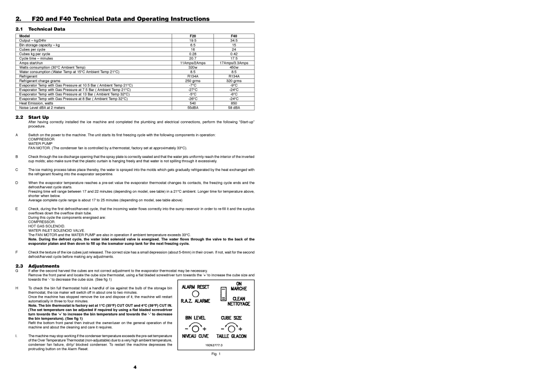 Foster FCI85, F85, F60, FCI30 F20 and F40 Technical Data and Operating Instructions, Start Up, Adjustments, Model F20 F40 