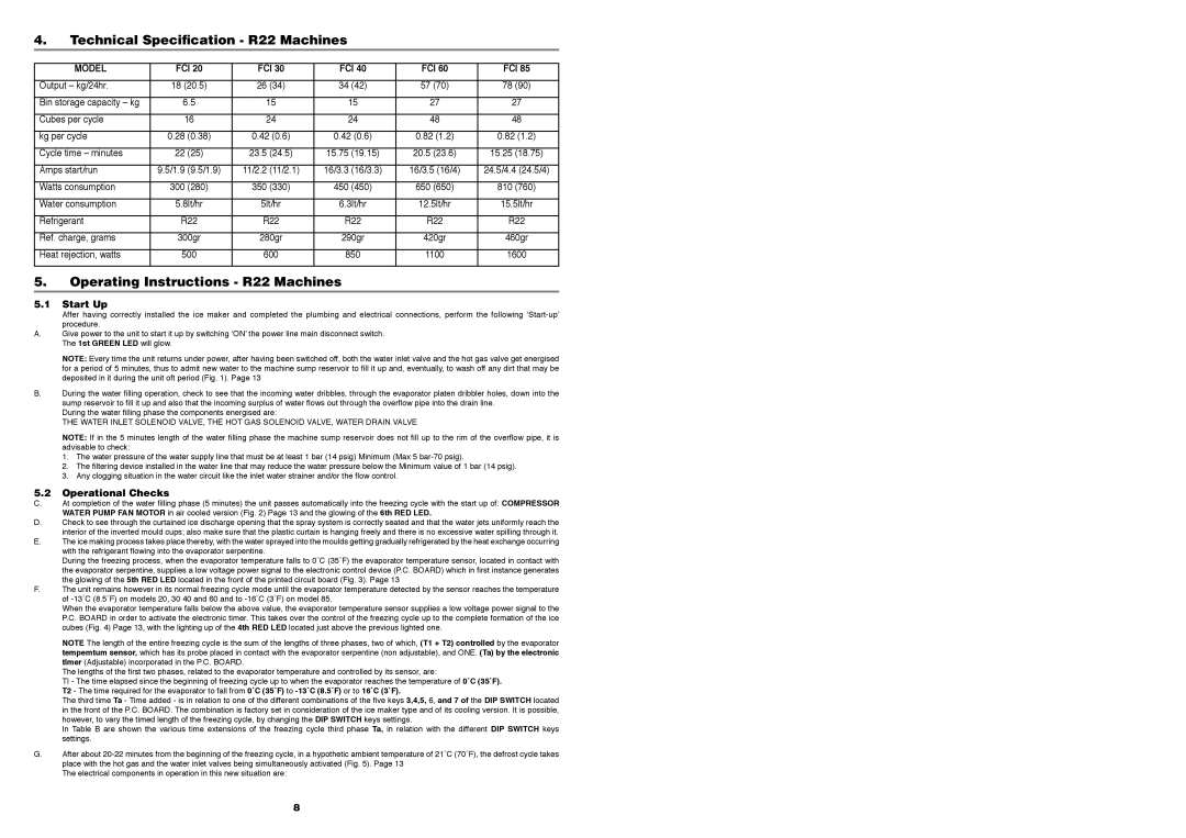 Foster F85, F20, F40, F60 Technical Speciﬁcation R22 Machines, Operating Instructions R22 Machines, Fci, Operational Checks 