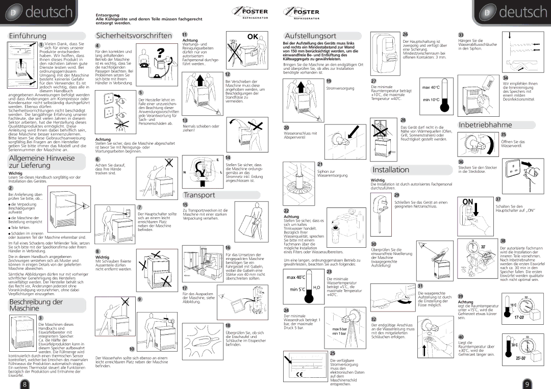 Foster F85, F20, F40, F60 manual Deutsch, Installation 