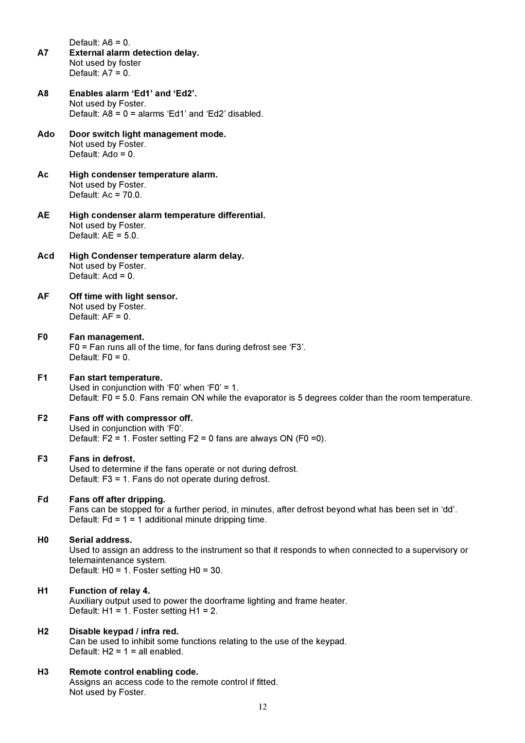 Foster FHG 2L, FHG 3L External alarm detection delay, Enables alarm ‘Ed1’ and ‘Ed2’, Ado Door switch light management mode 