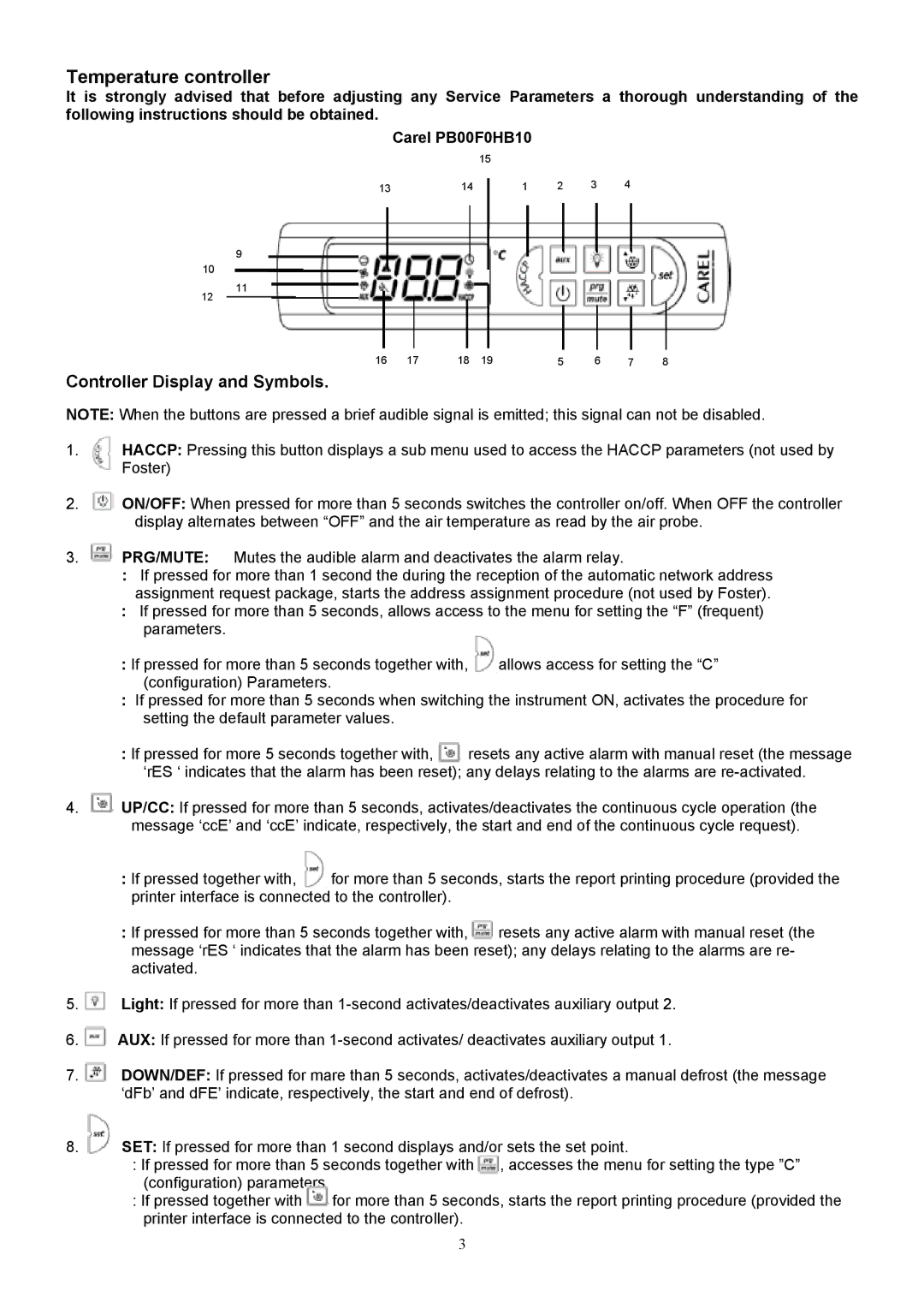 Foster FHG 3L, FHG 2L manual Temperature controller, Controller Display and Symbols 