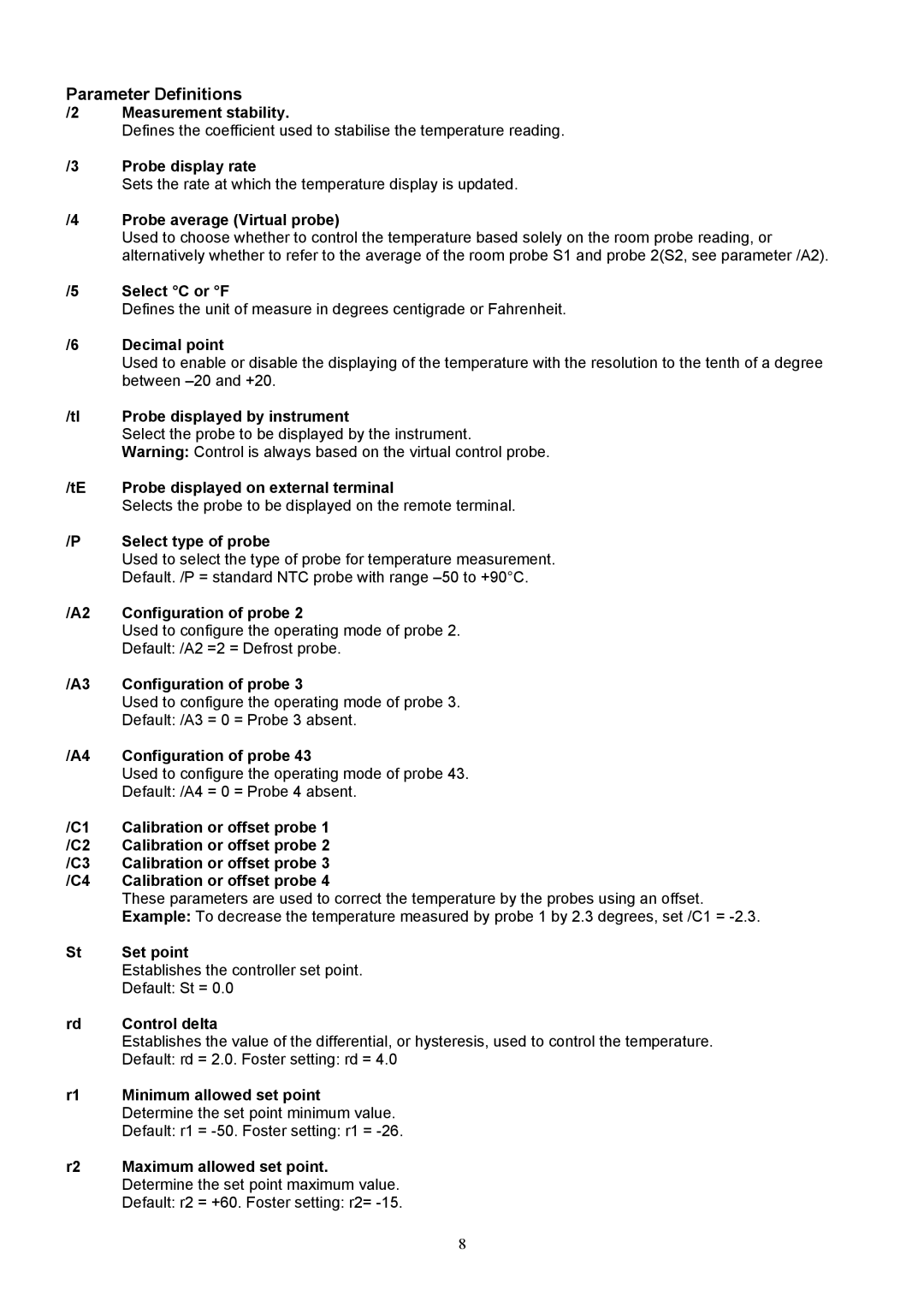 Foster FHG 2L, FHG 3L manual Parameter Definitions 