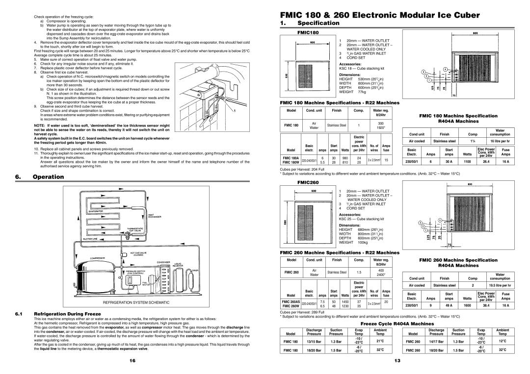 Foster FMIC180 manual Fmic 180 Machine Specifications R22 Machines, Fmic 180 Machine Specification R404A Machines 