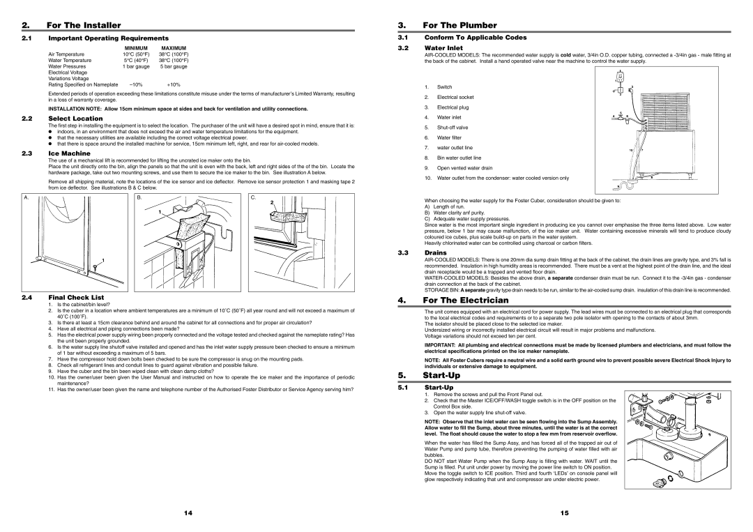 Foster FMIC180 manual For The Installer, For The Plumber, For The Electrician, Start-Up 