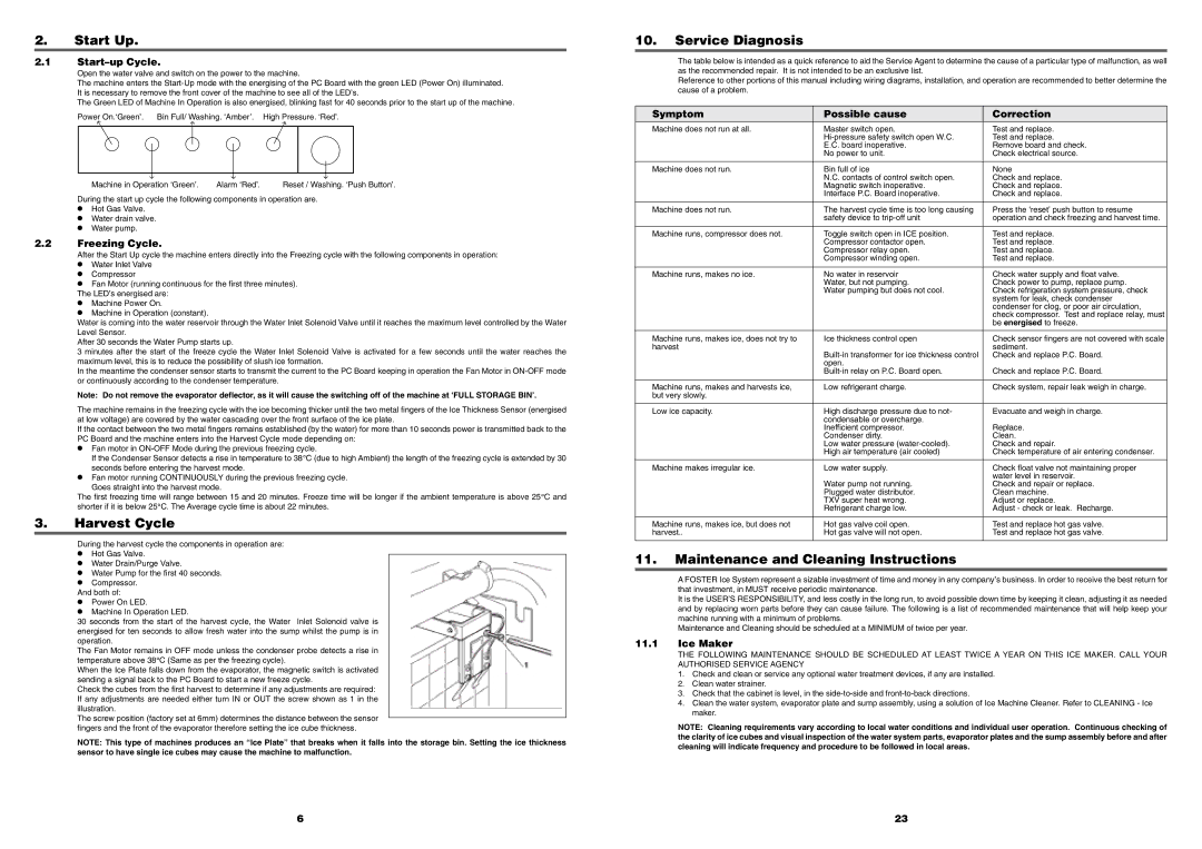 Foster FMIC180 manual Start Up, Harvest Cycle, Service Diagnosis, Maintenance and Cleaning Instructions 