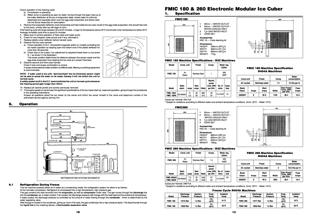 Foster FMIC180 manual Operation, FMIC 180 & 260 Electronic Modular Ice Cuber, Specification 