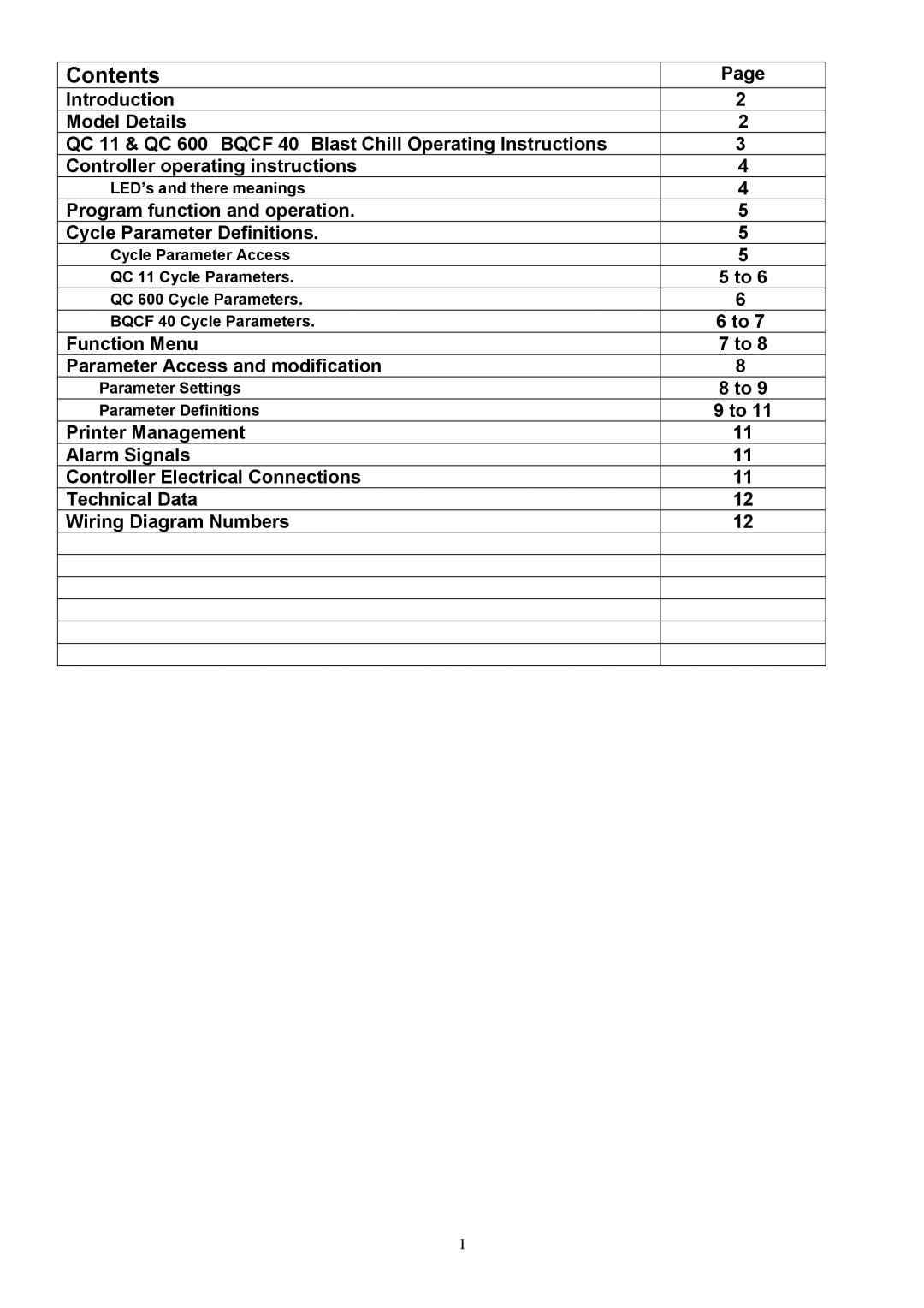 Foster BQCF 40, QC 600, QC 11 manual Contents 