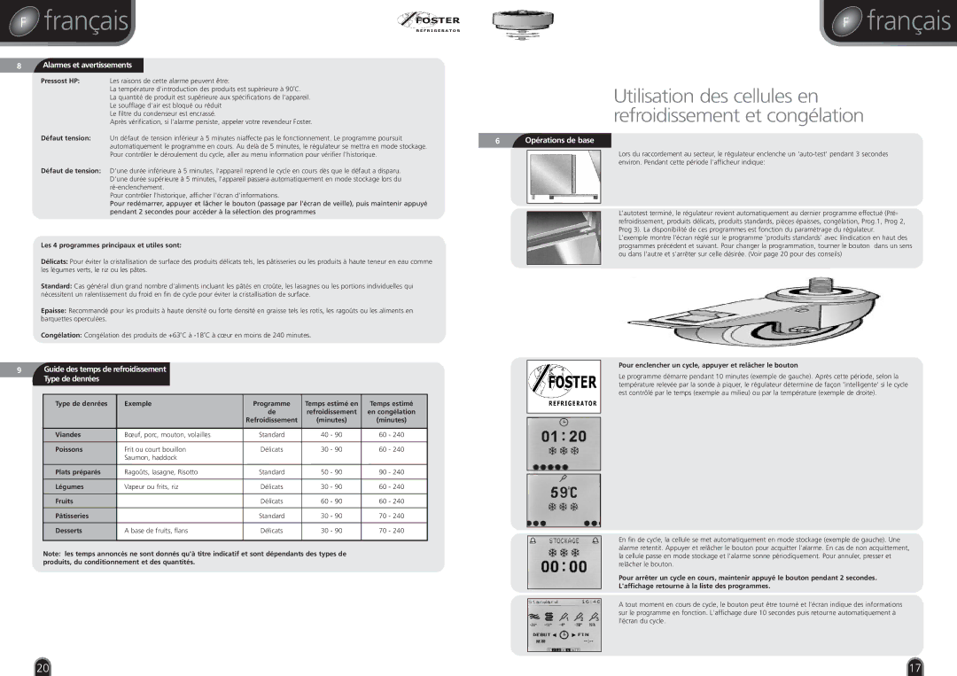 Foster BCF36, RBC20, BC36 Alarmes et avertissements, Guide des temps de refroidissement Type de denrées, Opérations de base 