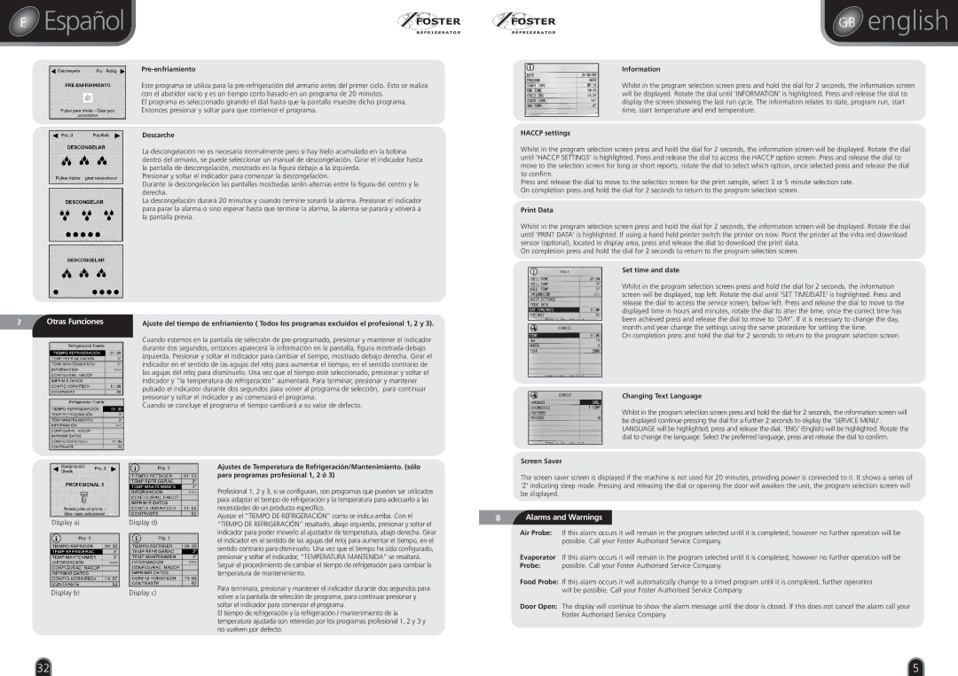 Foster BCF21, RBC20, BC36, BCCF RI 1, BCF11, BC21, BCF36, BCCF 1, BC51, BCF51, BC11 manual Funciones, Alarms and Warnings 