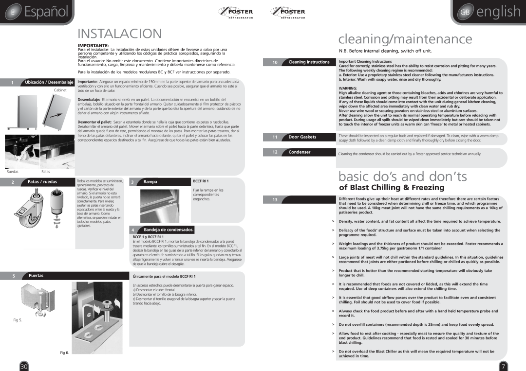 Foster BCCF 1 Español, Instalacion, cleaning/maintenance, basic do’s and don’ts, of Blast Chilling & Freezing, Importante 