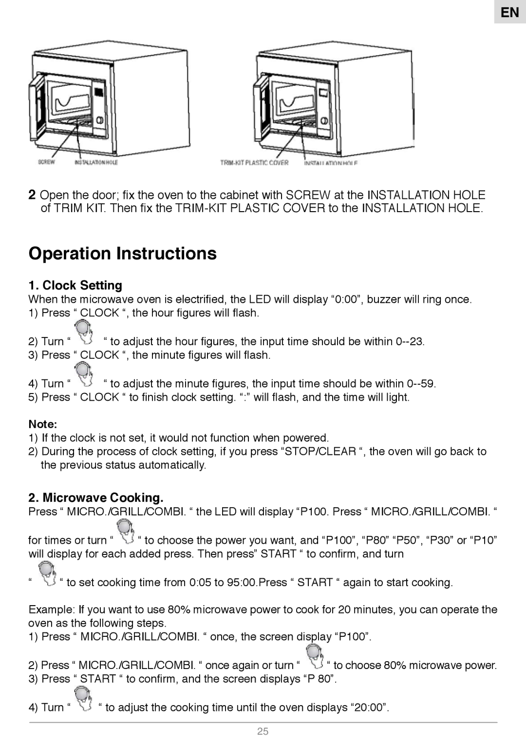 Foster S1000 manual Clock Setting, Microwave Cooking 