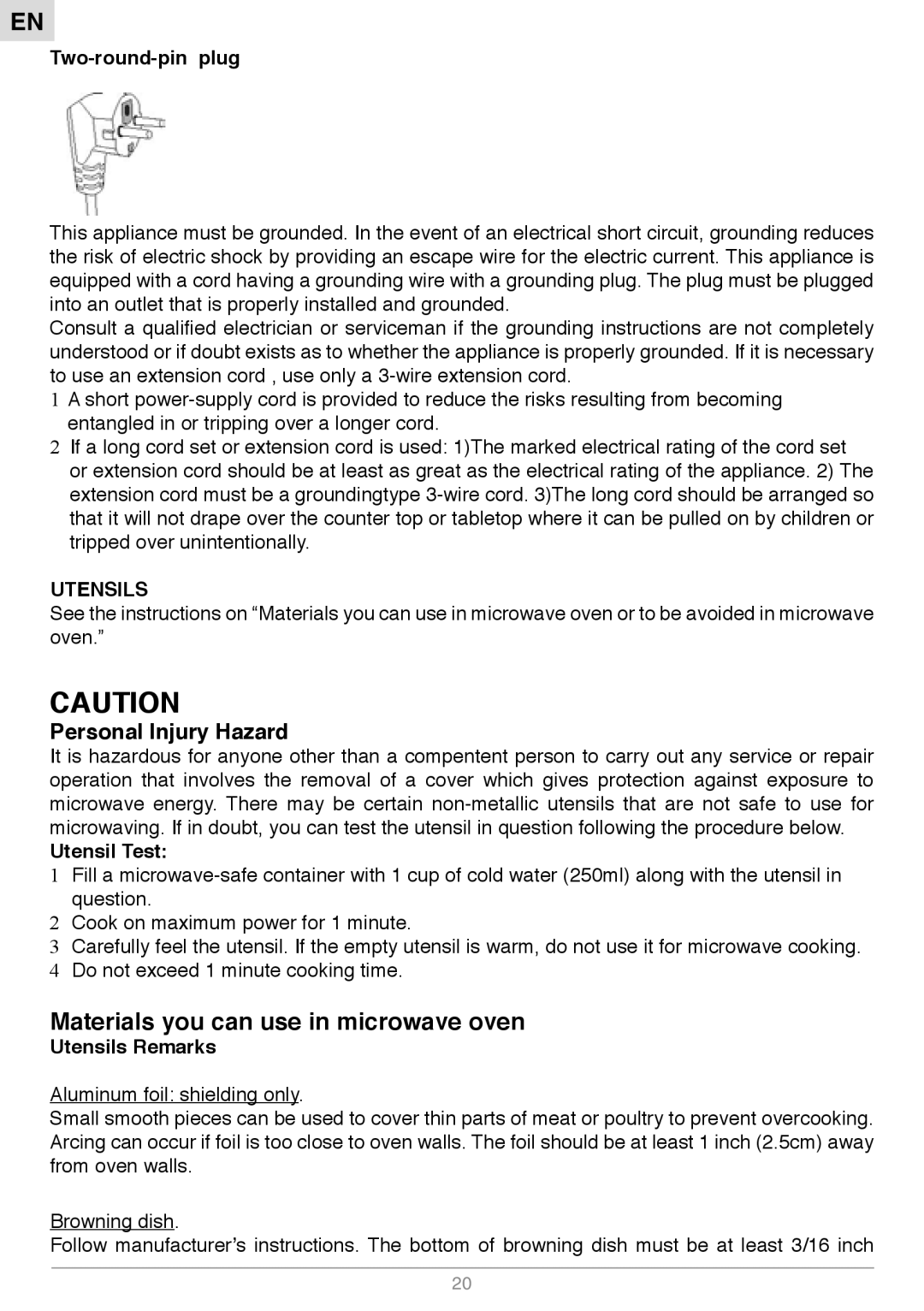 Foster S1000 manual Materials you can use in microwave oven, Personal Injury Hazard 