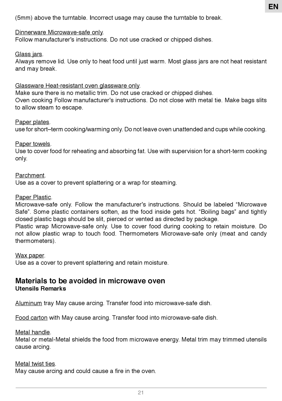 Foster S1000 manual Materials to be avoided in microwave oven 