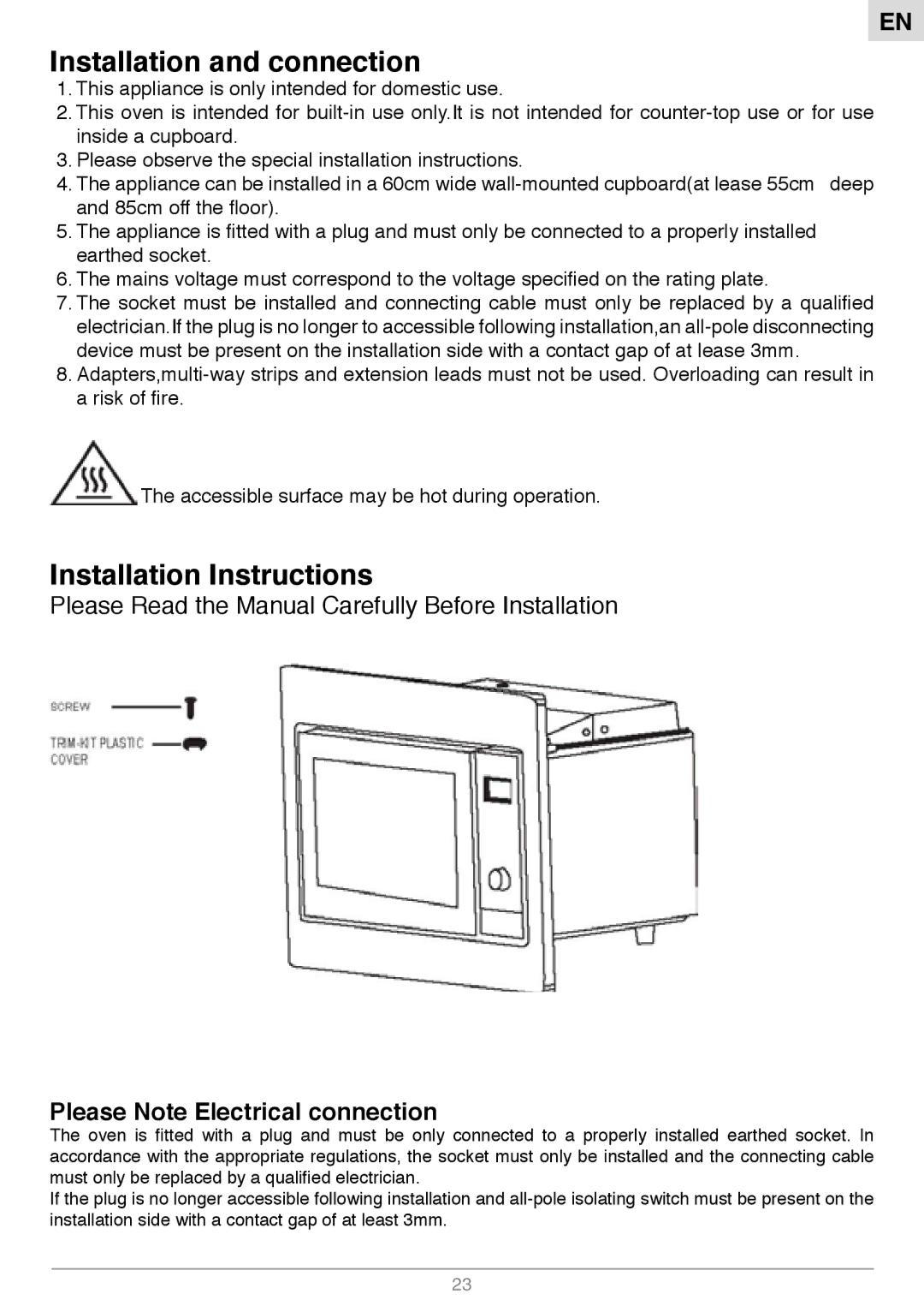 Foster S1000 manual Installation and connection, Please Note Electrical connection 