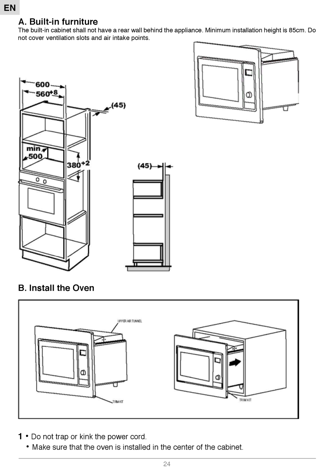 Foster S1000 manual Built-in furniture, Install the Oven 