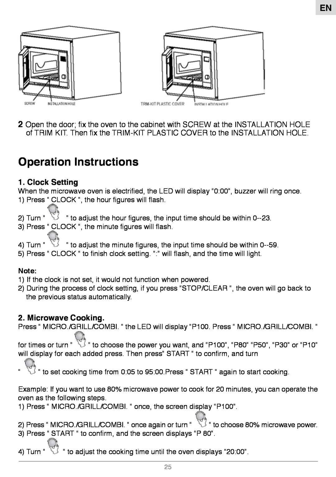 Foster S1000 manual Operation Instructions, Clock Setting, Microwave Cooking 