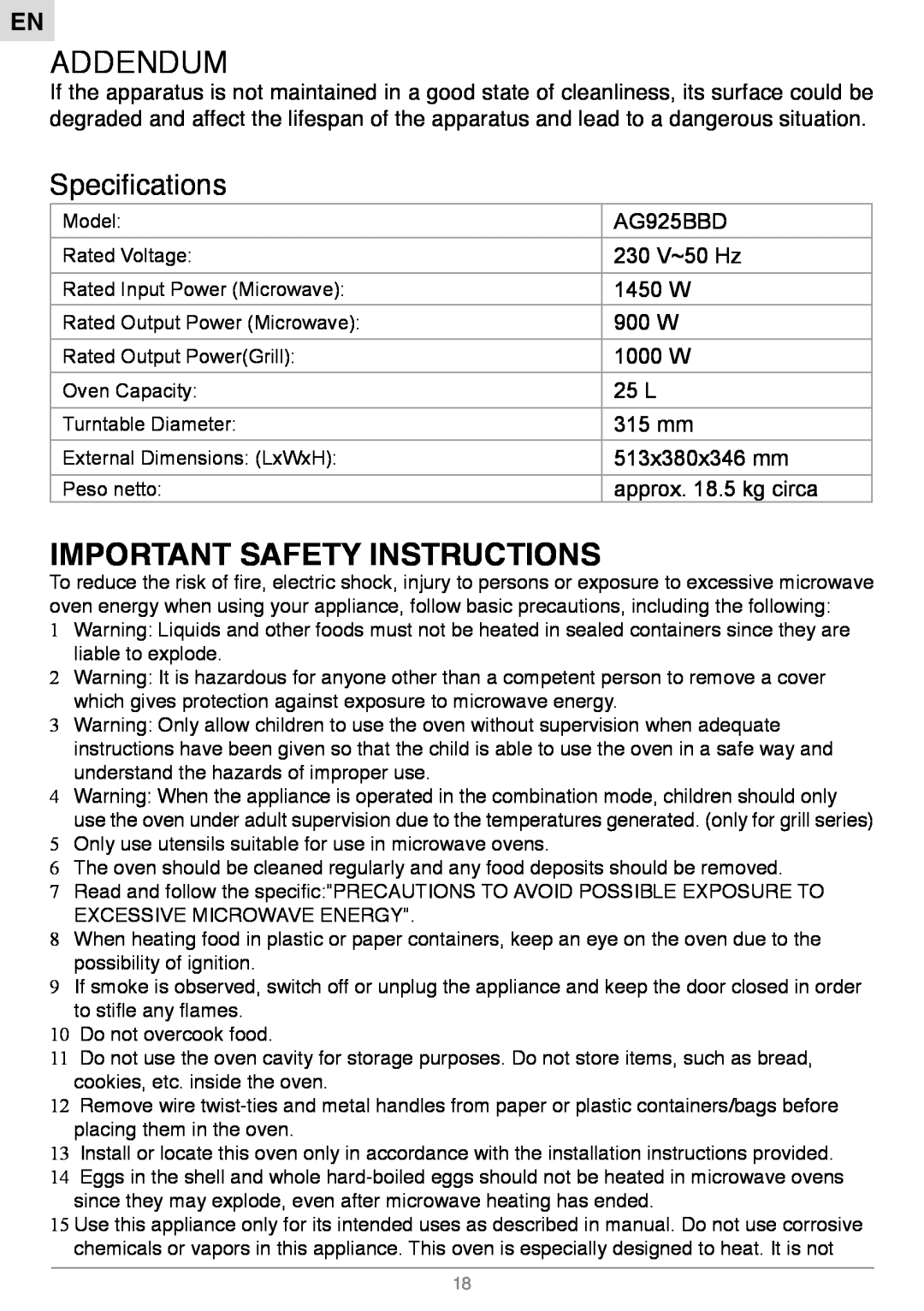 Foster S1000 Important Safety Instructions, Specifications, AG925BBD, 230 V~50 Hz, 1450 W, 900 W, 1000 W, 25 L, 315 mm 