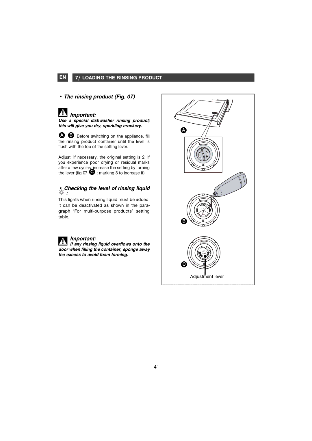 Foster S4000 manual Rinsing product Fig, Checking the level of rinsing liquid, Adjustment lever 