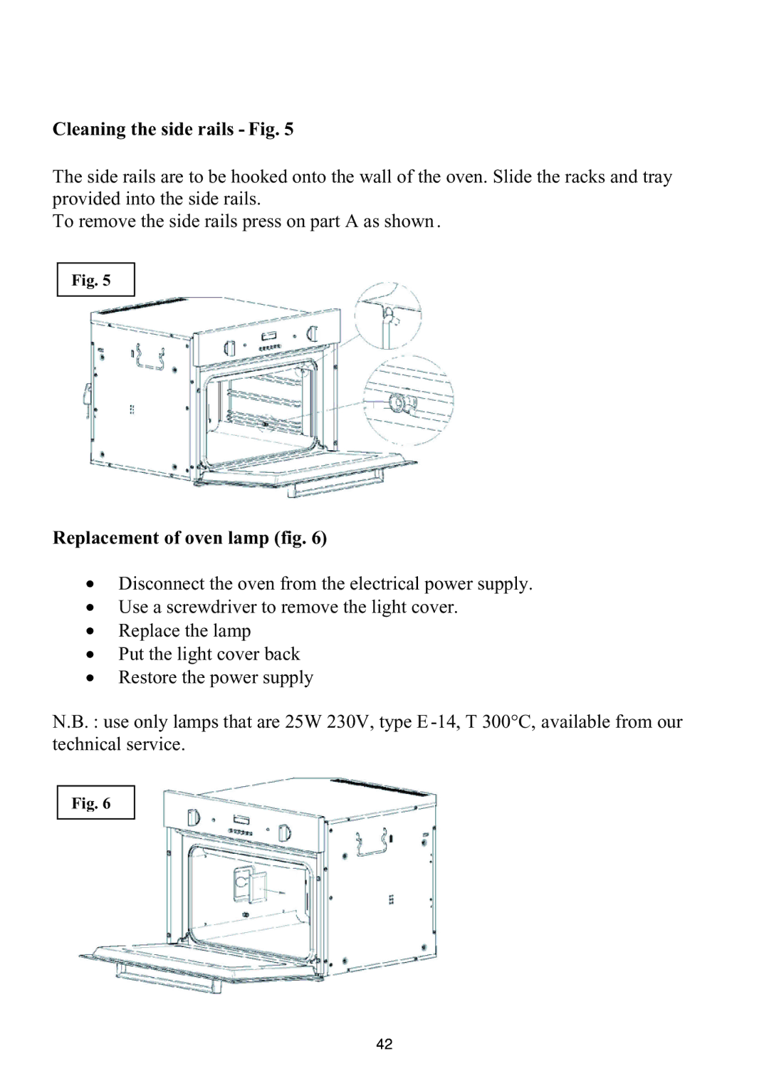 Foster S4000 user manual Cleaning the side rails Fig, Replacement of oven lamp fig 