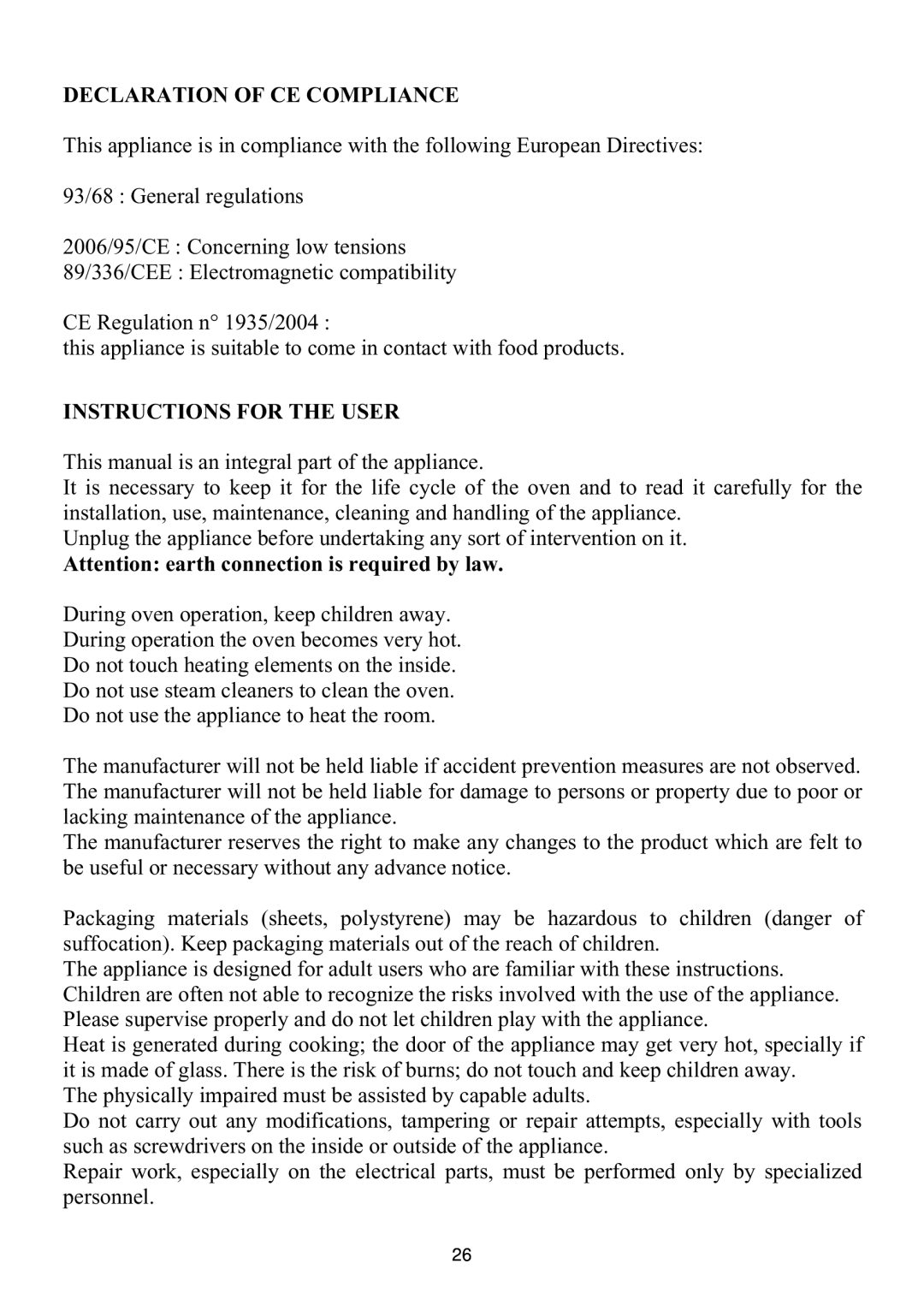 Foster S4000 user manual Declaration of CE Compliance, Instructions for the User 