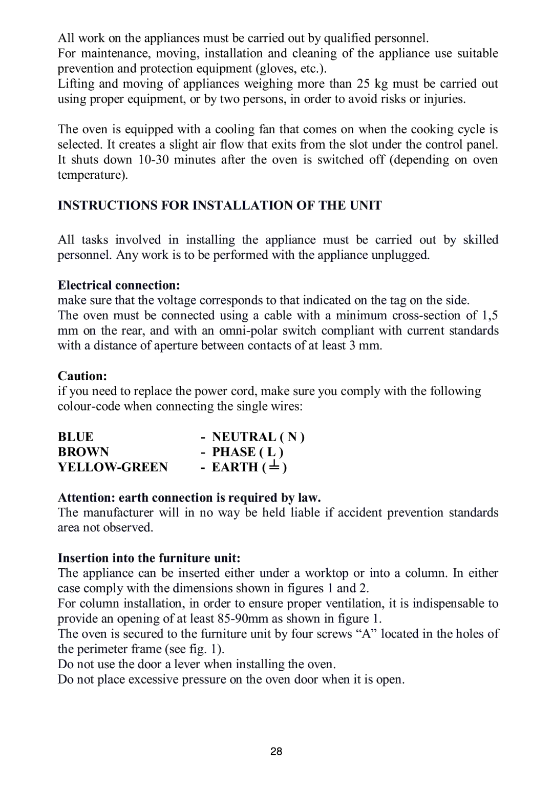 Foster S4000 Instructions for Installation of the Unit, Electrical connection, Insertion into the furniture unit 