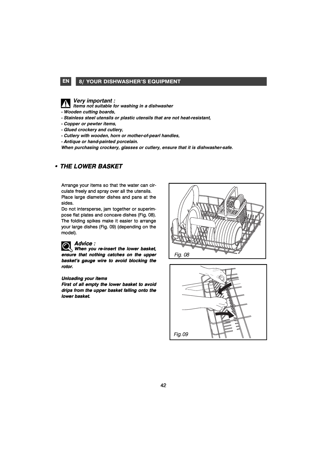 Foster S4000 manual The Lower Basket, Very important, EN 8/ YOUR DISHWASHER’S EQUIPMENT, Advice 