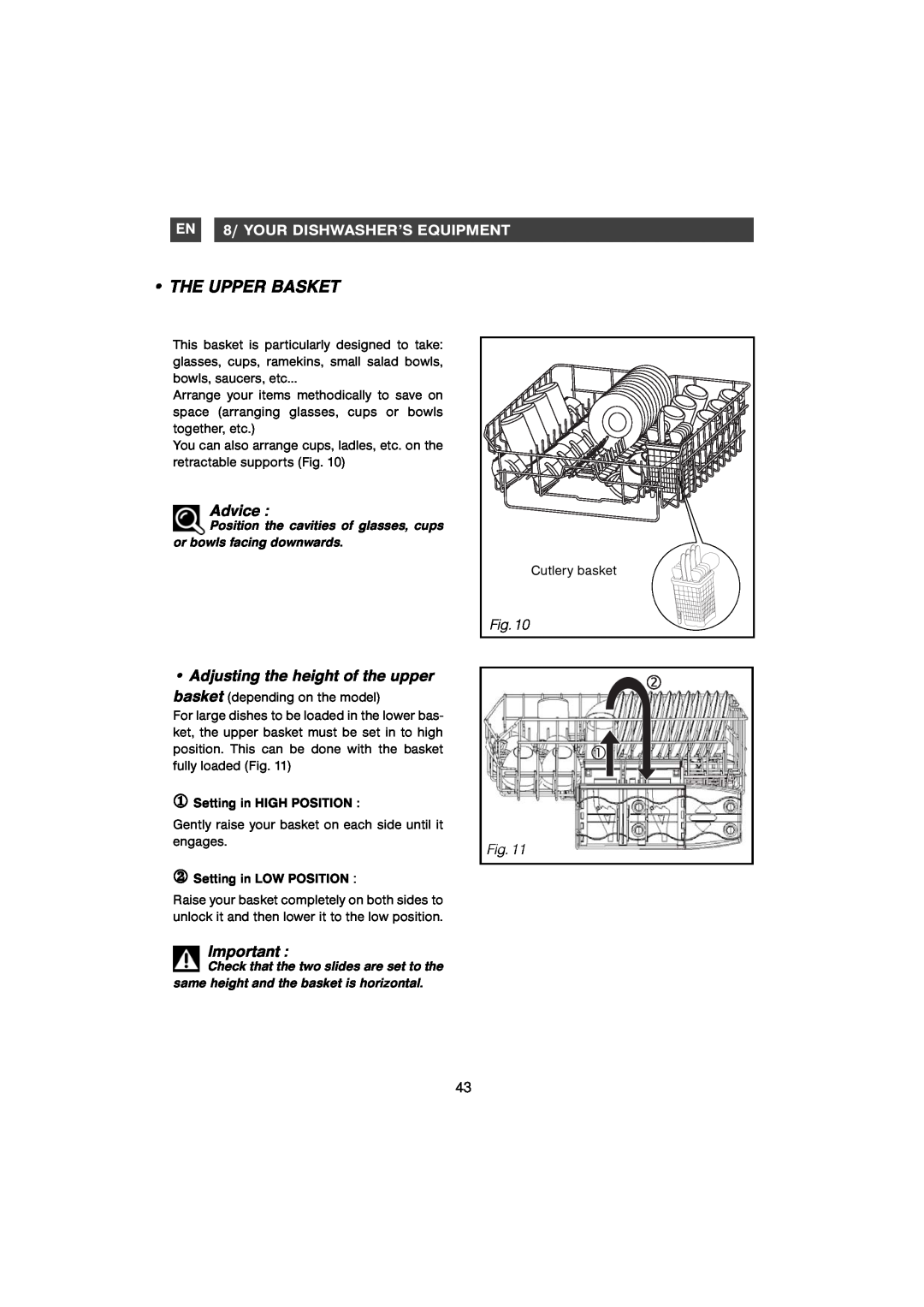 Foster S4000 manual The Upper Basket, Advice, EN 8/ YOUR DISHWASHER’S EQUIPMENT 