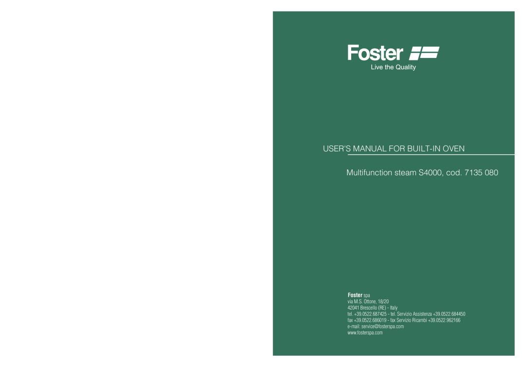 Foster user manual Users Manual For Built-In Oven, Multifunction steam S4000, cod. 7135, Foster spa 
