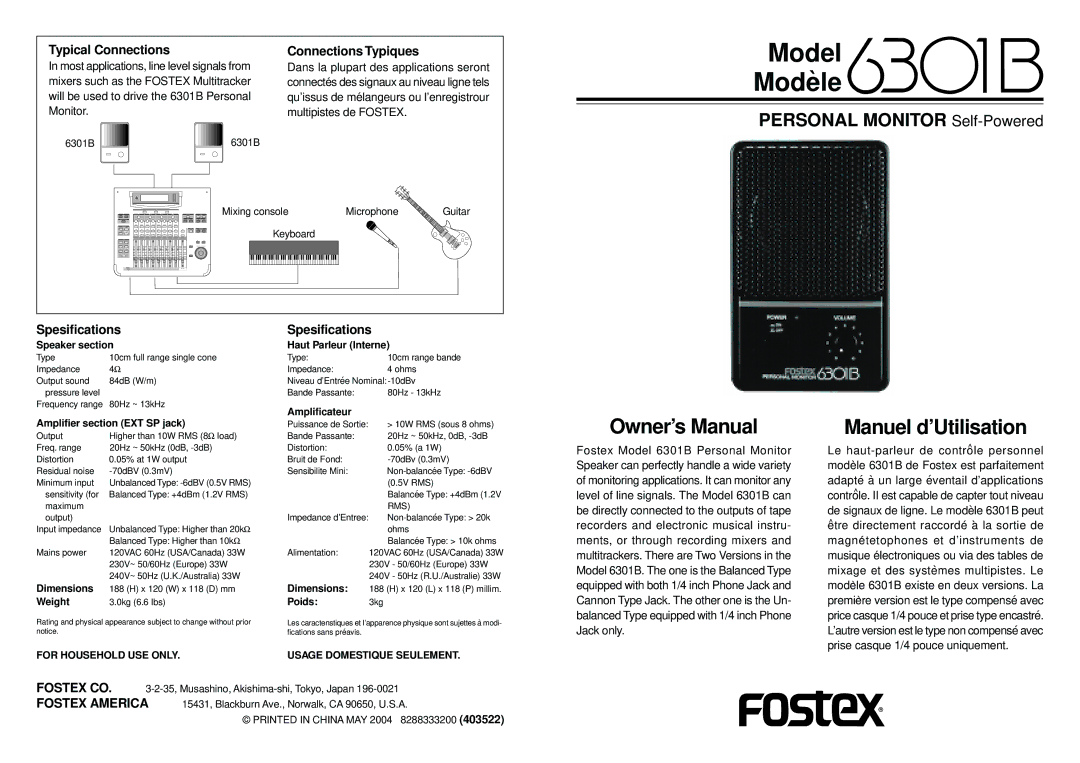 Fostex 6301B manuel dutilisation Typical Connections, Connections Typiques, Spesifications 