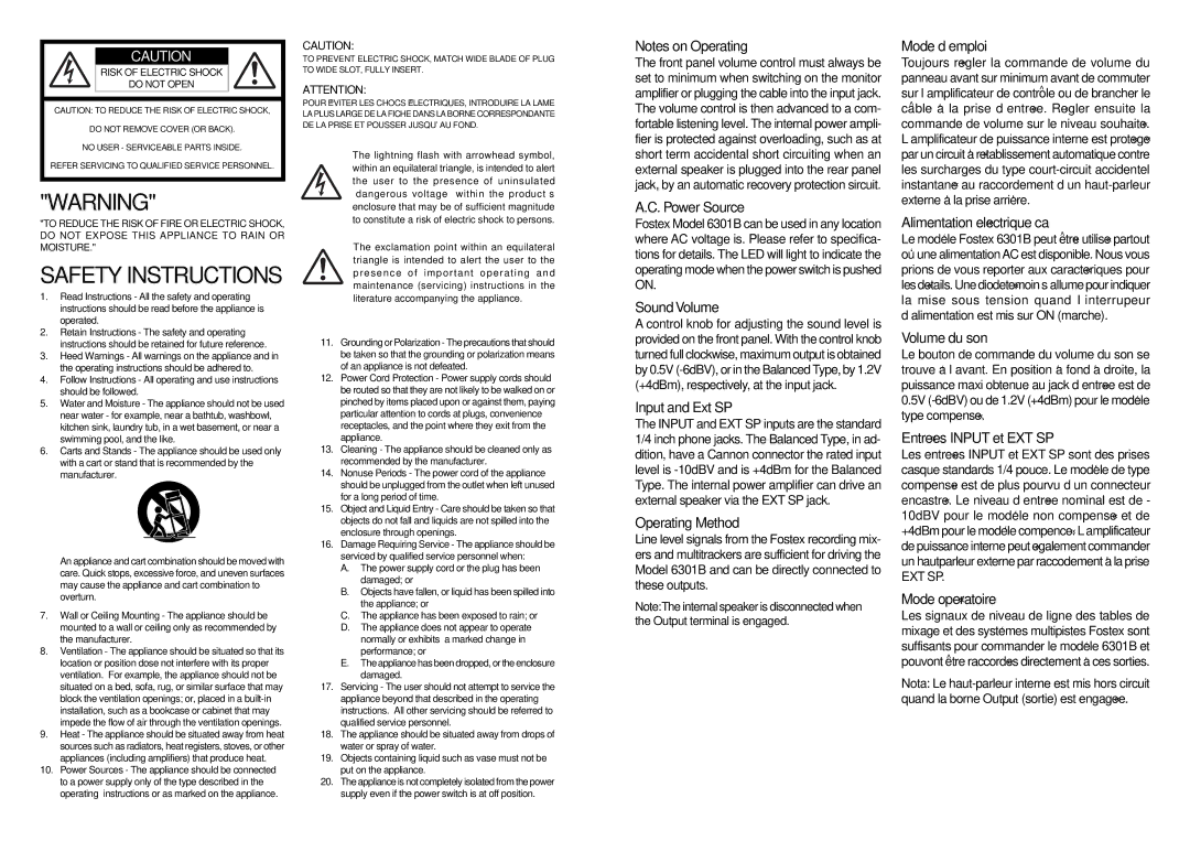 Fostex 6301B Power Source, Sound Volume, Input and Ext SP, Operating Method, Mode d’emploi, Alimentation electrique´ ca 
