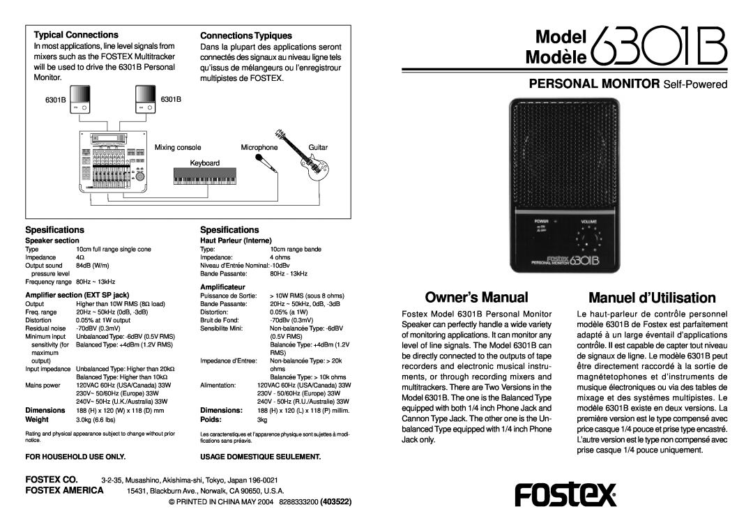 Fostex 6301B manuel dutilisation Manuel d’Utilisation, Model Modele`, PERSONAL MONITOR Self-Powered 