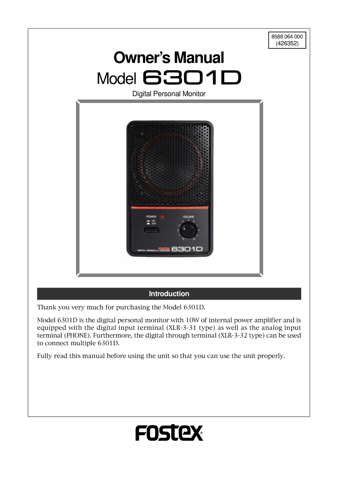 Fostex 6301D owner manual Model, Introduction 