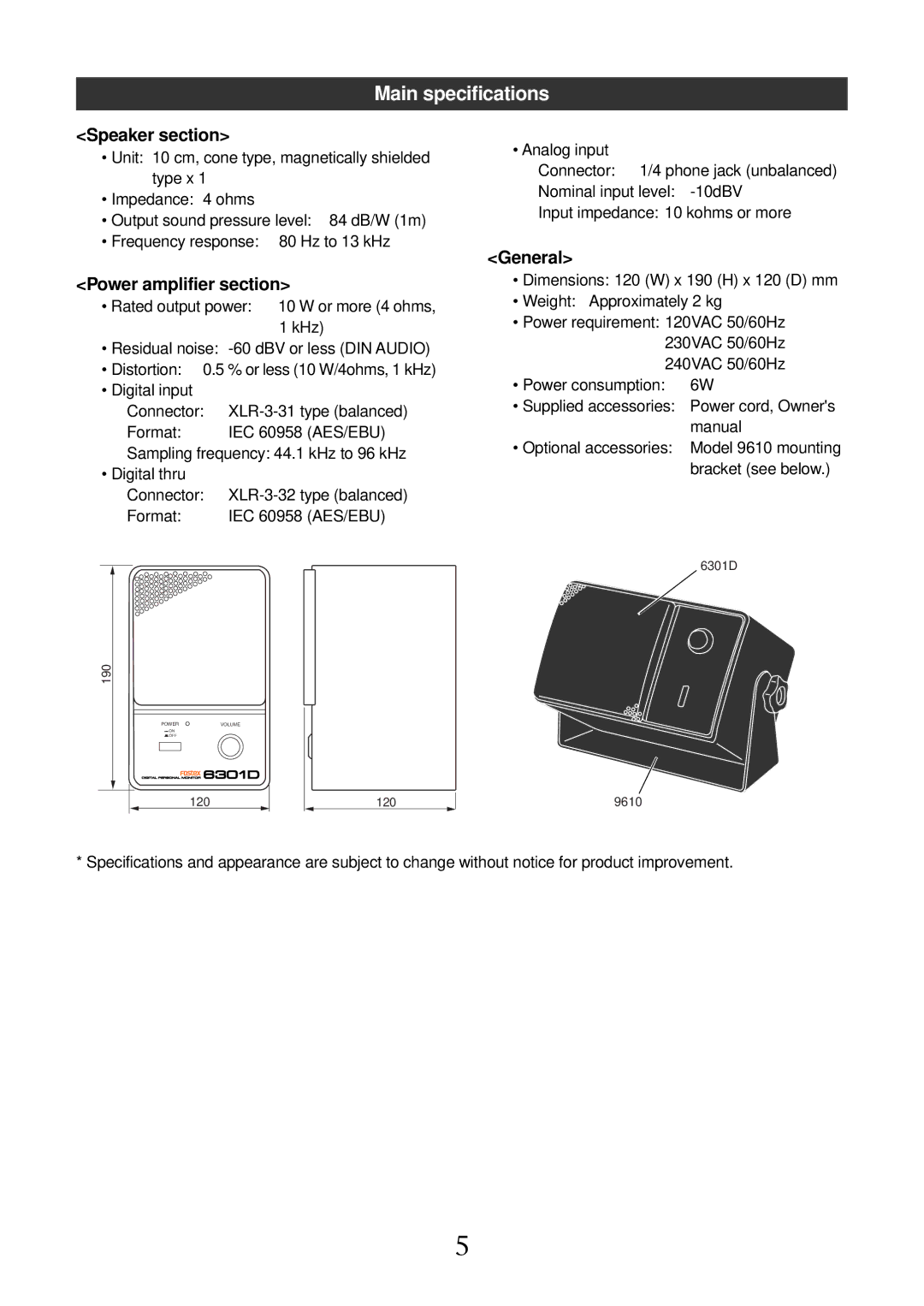 Fostex 6301D owner manual Main specifications, Speaker section, Power amplifier section, General 